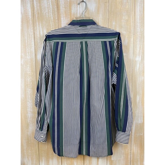 Vintage 90s Tommy Hilfiger Blue & Green Striped Mens Medium Shirt Button - Picture 7 of 9